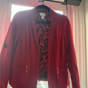 Chico's Red Open-Front Blazer with Leopard-Print Lining